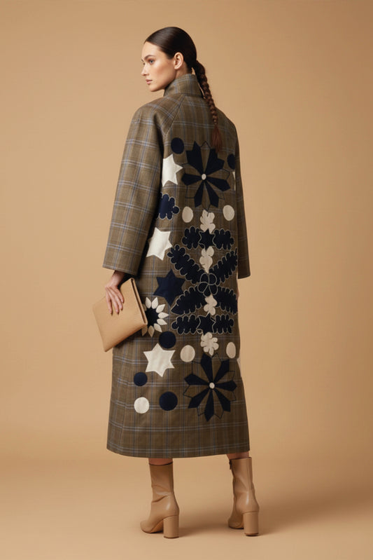 Floral Back Patch Coat- Checkerd Brown