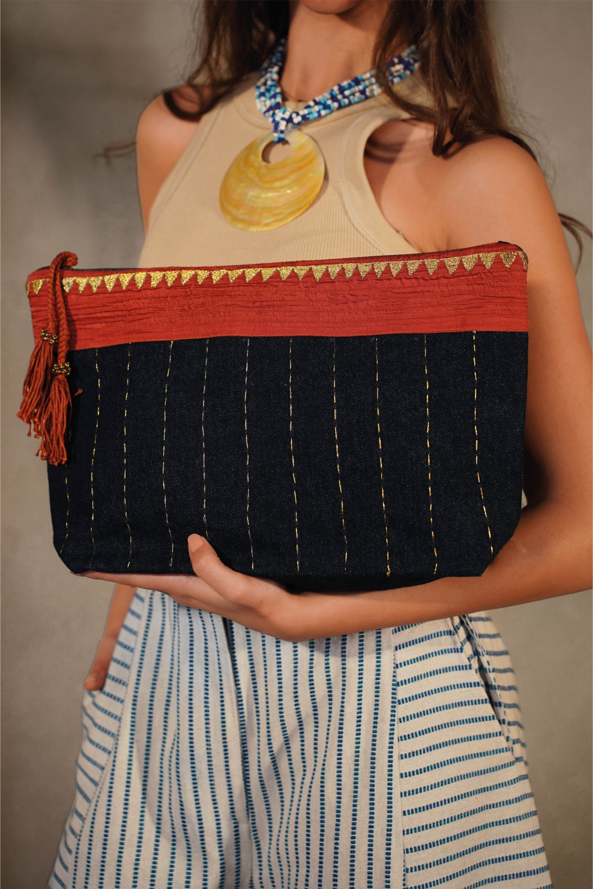 Dark Denim Clutch -Serma Hand Embroidery