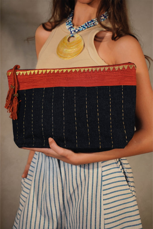Dark Denim Clutch -Serma Hand Embroidery