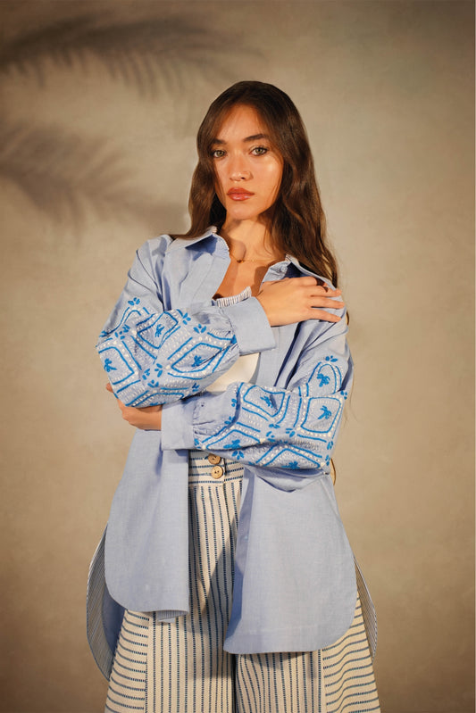 Blue Palma Shirt- Embroidered Sleeves