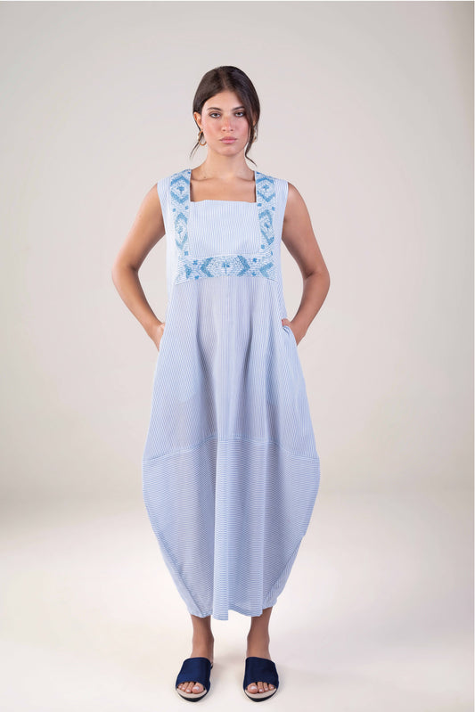 Palm Embroidered Sailor Blue Stripped Dress