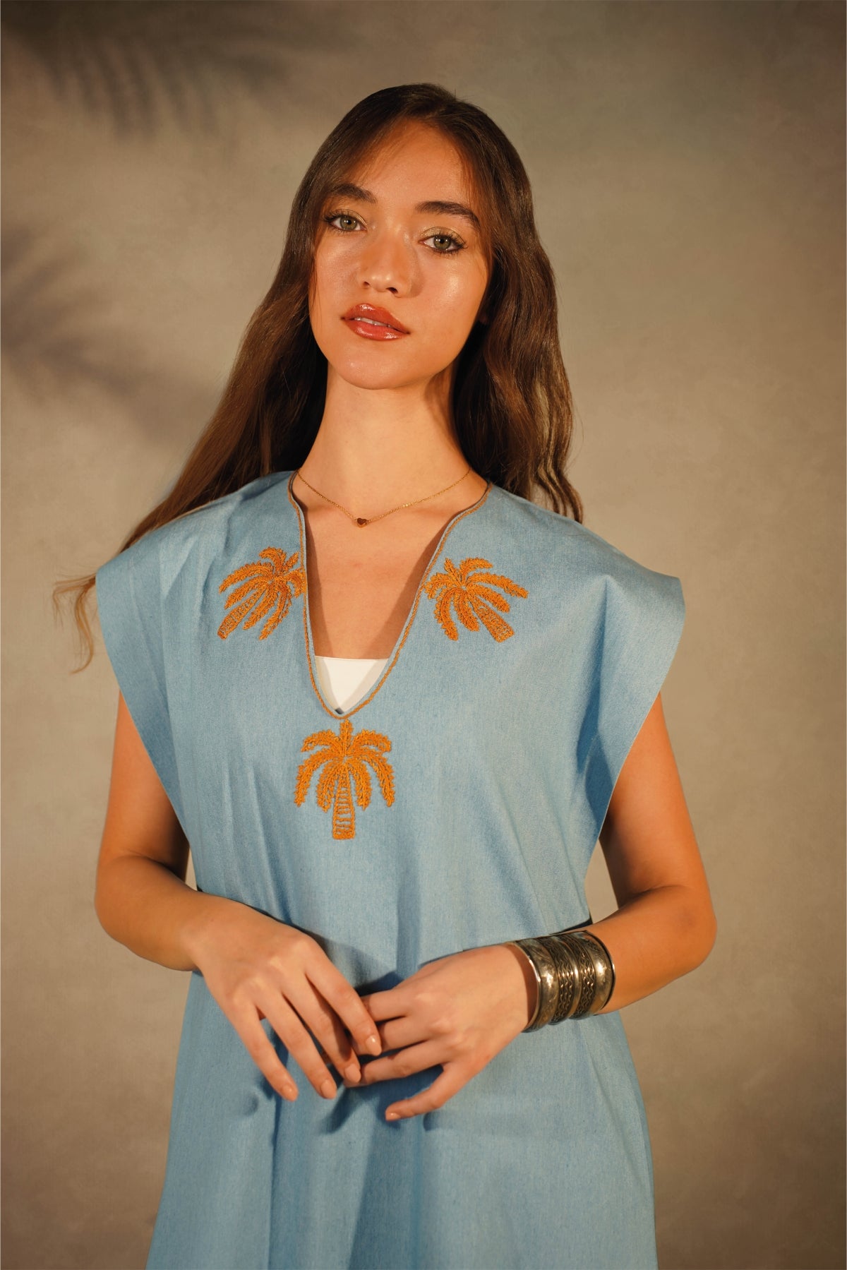 Sleeveless Denim Galabeya-  Palma Embroidery