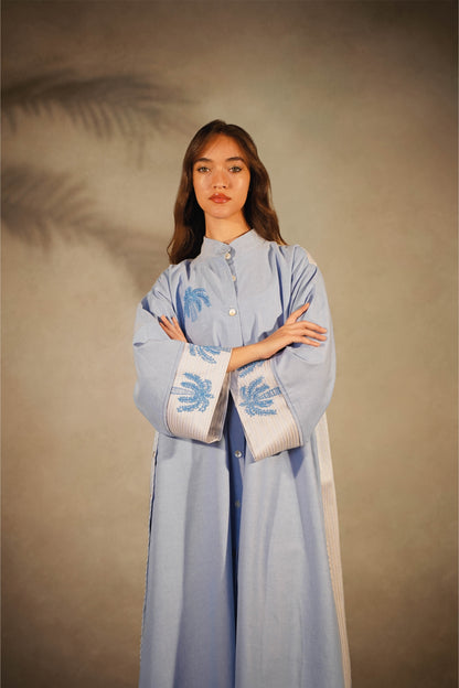 Palm Embroidery - Light Blue Shirt Dress