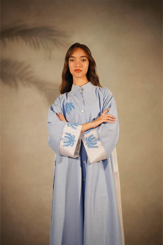 Palm Embroidery - Light Blue Shirt Dress