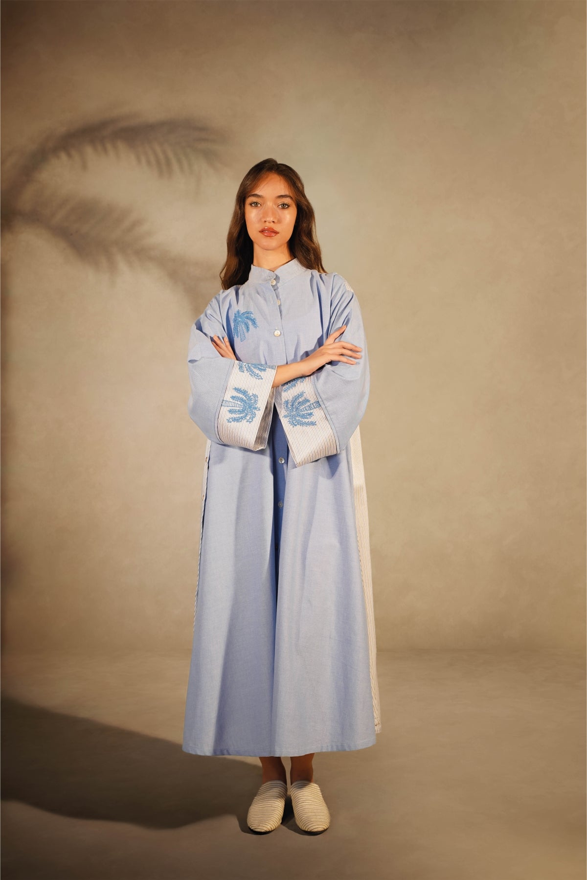 Palm Embroidery - Light Blue Shirt Dress