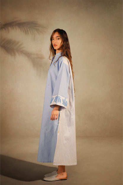 Palm Embroidery - Light Blue Shirt Dress