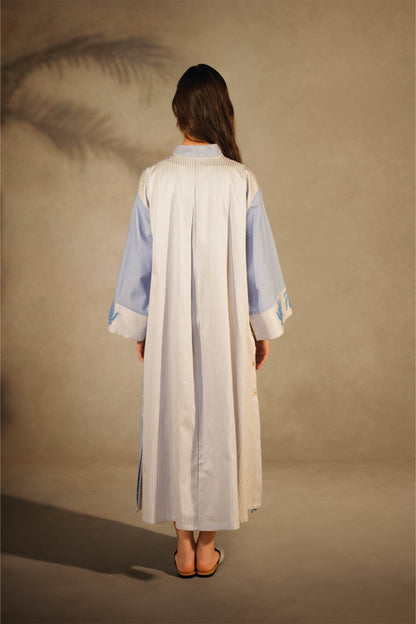 Palm Embroidery - Light Blue Shirt Dress