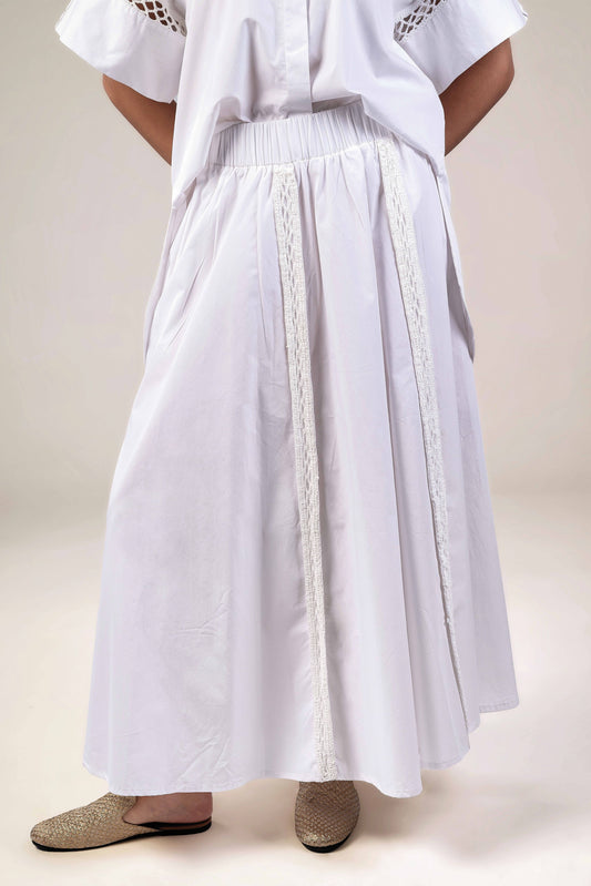 Long Flare White Skirt - Crochet Trimmings