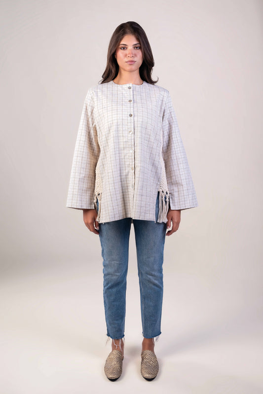 Checkered Beige Shirt - Crochet Trimmings