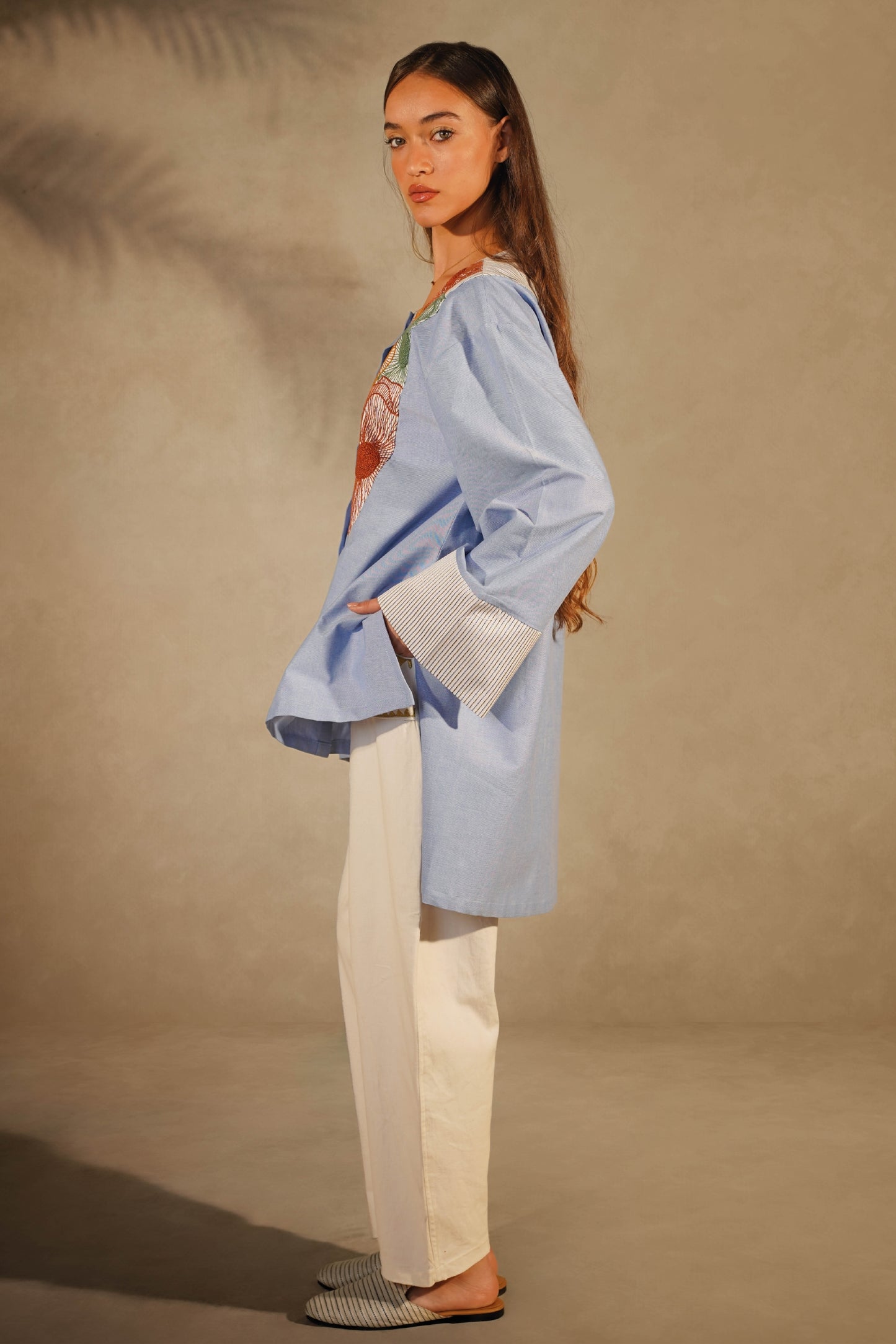 Light Blue Alaga Shirt - Floral Embroidery