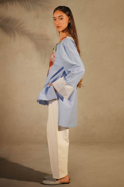 Light Blue Alaga Shirt - Floral Embroidery