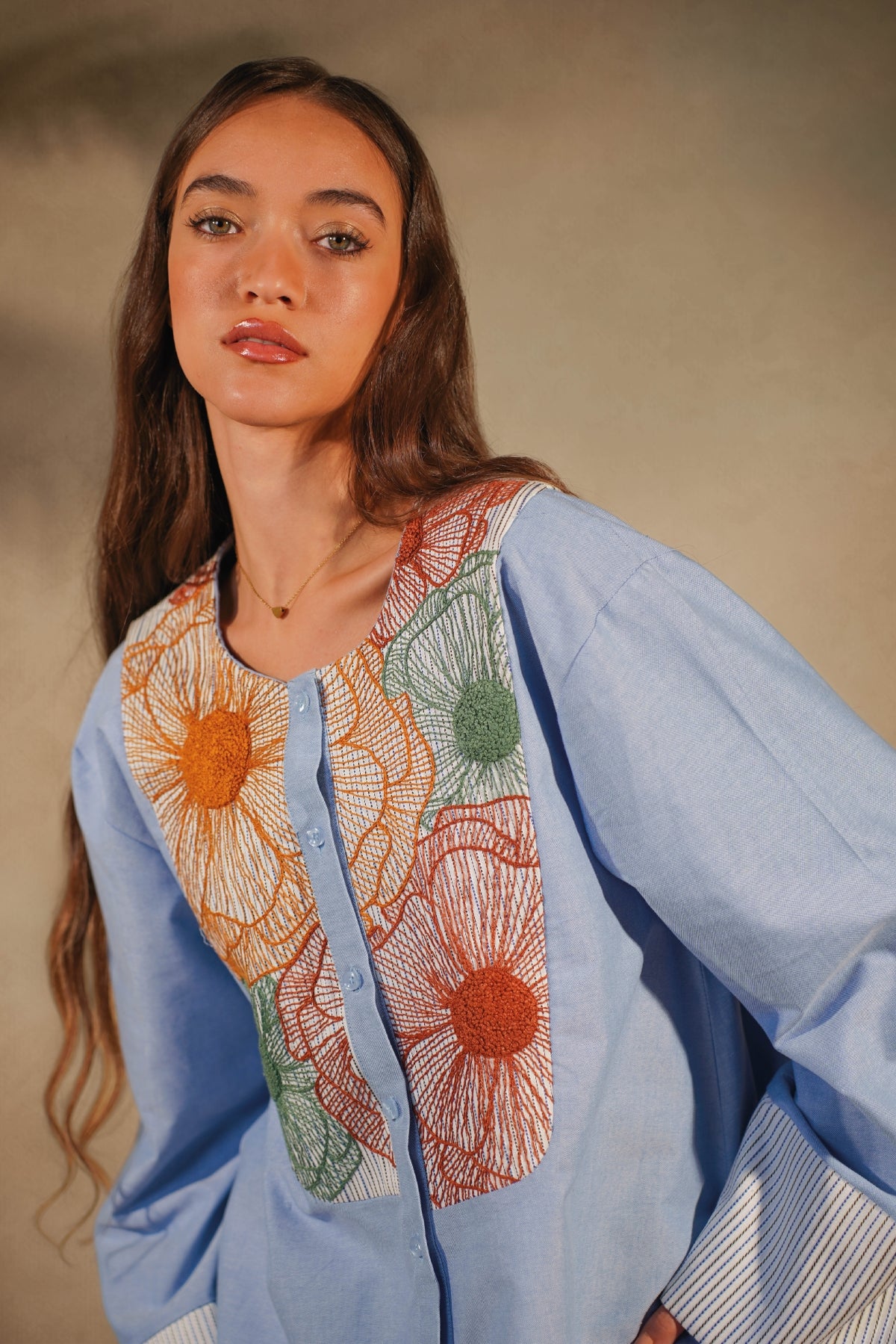 Light Blue Alaga Shirt - Floral Embroidery