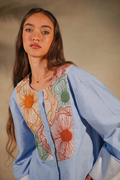 Light Blue Alaga Shirt - Floral Embroidery