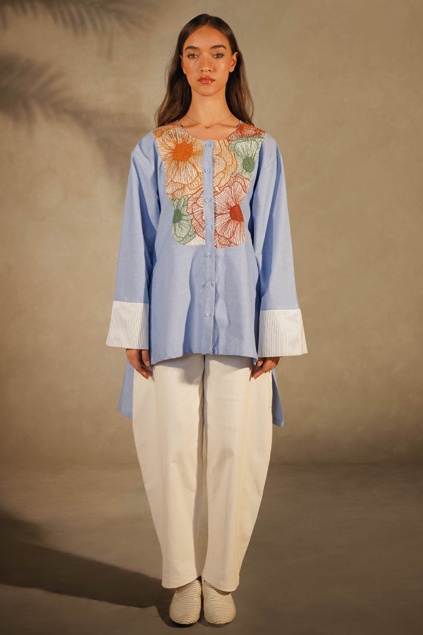 Light Blue Alaga Shirt - Floral Embroidery