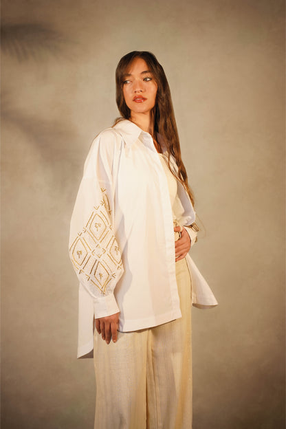 White Palma Shirt- Embroidered Sleeves