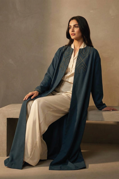 Basket Pattern Long Embroidered Coat -Teal