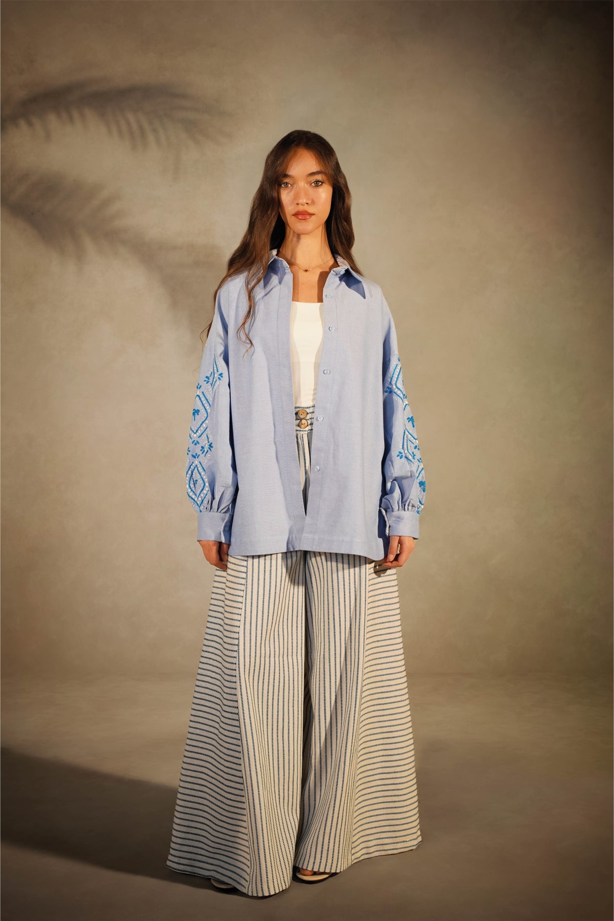 Blue Palma Shirt- Embroidered Sleeves