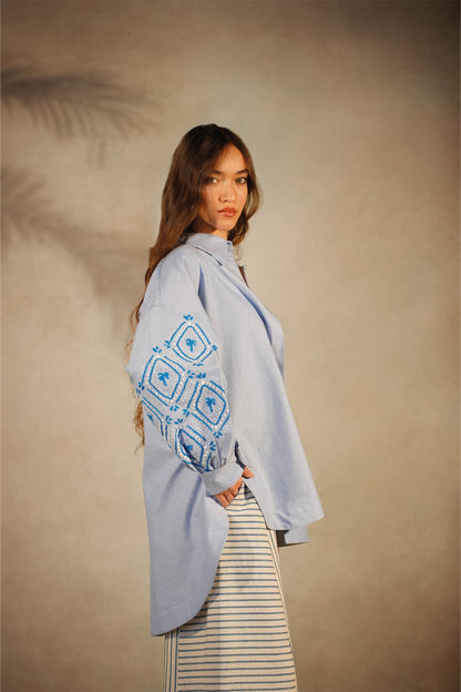 Blue Palma Shirt- Embroidered Sleeves