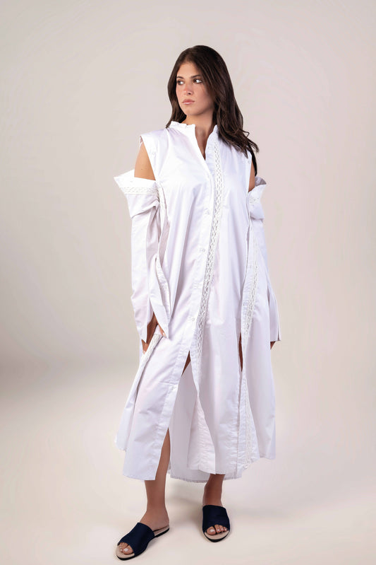 Cut Out White Shirt Dress - Crochet Trimmings