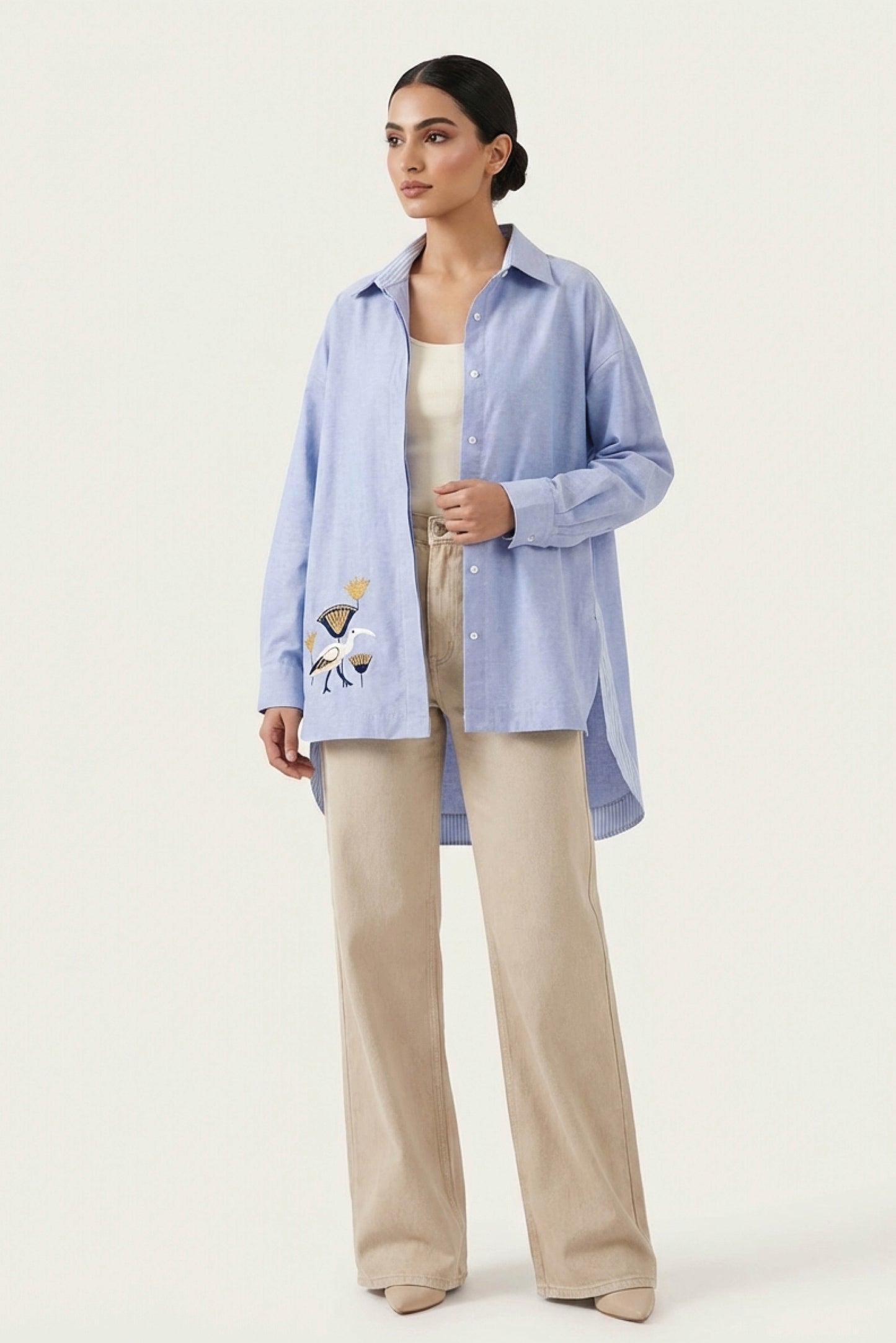 Blue Shirt Egret- Lotus Embroidery