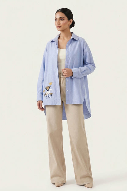 Blue Shirt Egret- Lotus Embroidery