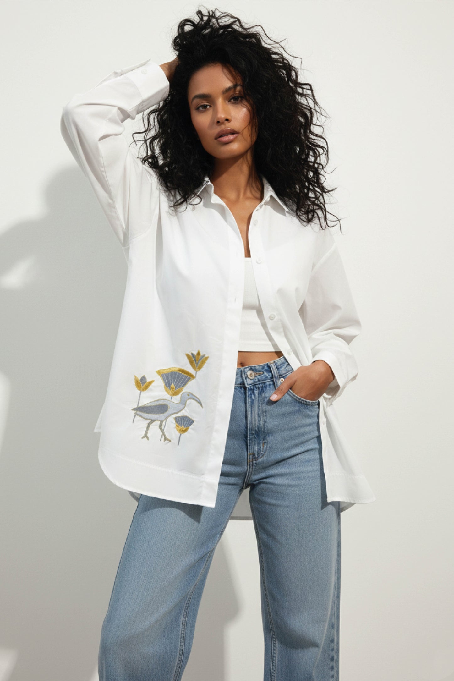 White Shirt Egret -Lotus Embroidery