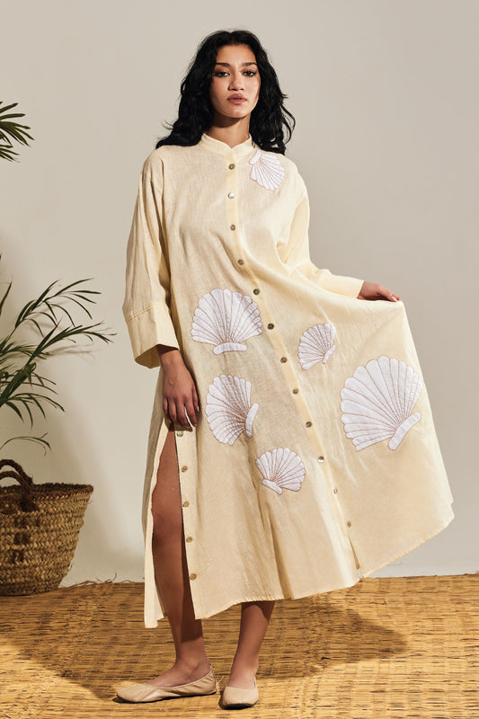 YELLOW LINEN SHIRT DRESS - SHELLS PATTERN