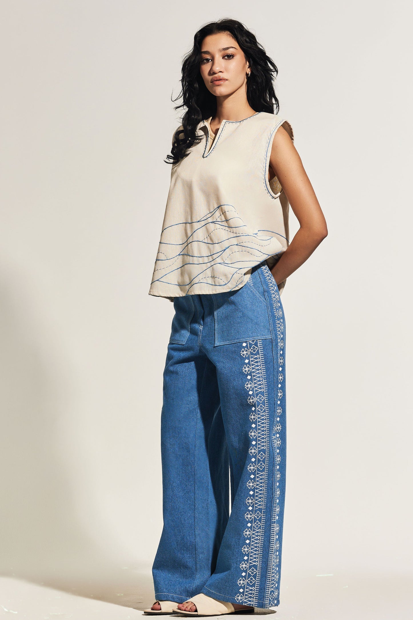 BLUE DENIM WIDE LEG PANTS