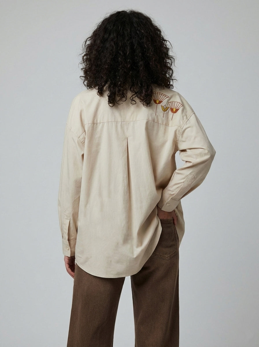 Beige Shirt Egret -Lotus Embroidery
