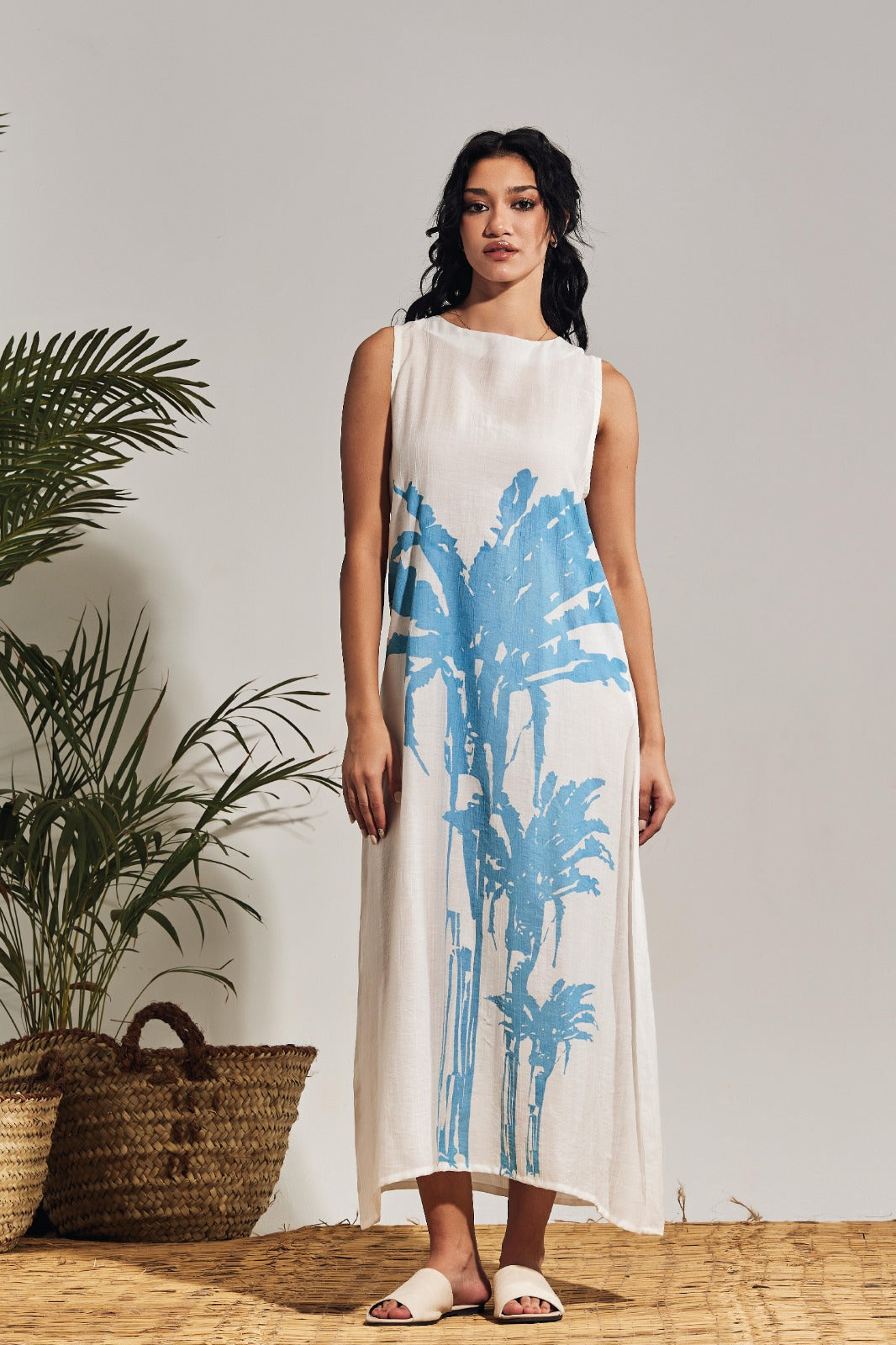 SLEEVELESS WHITE VOILE DRESS - BLUE PALM TREE PRINT