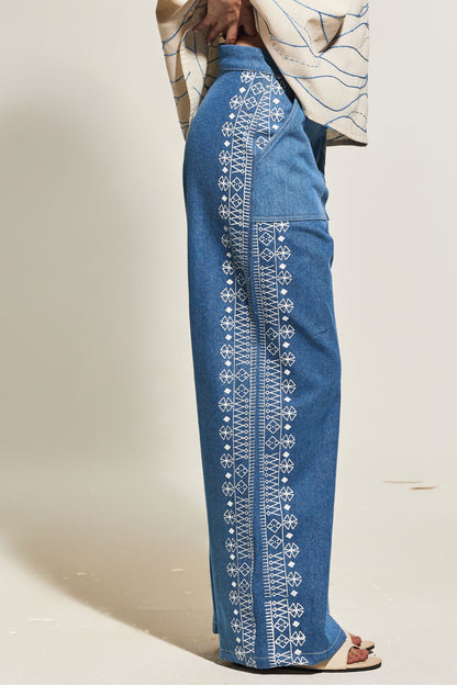 BLUE DENIM WIDE LEG PANTS