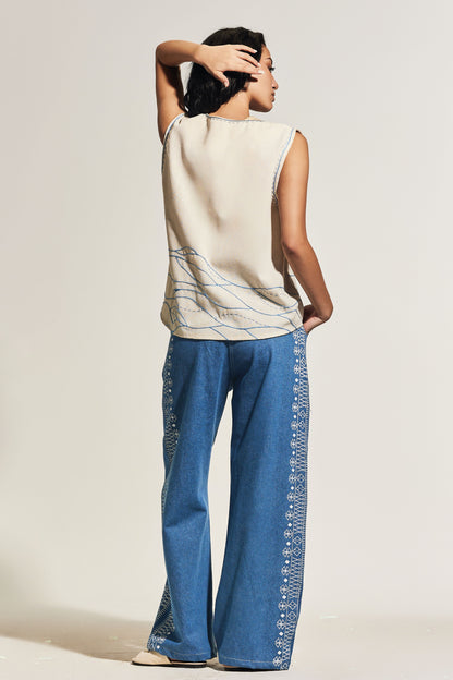 BLUE DENIM WIDE LEG PANTS