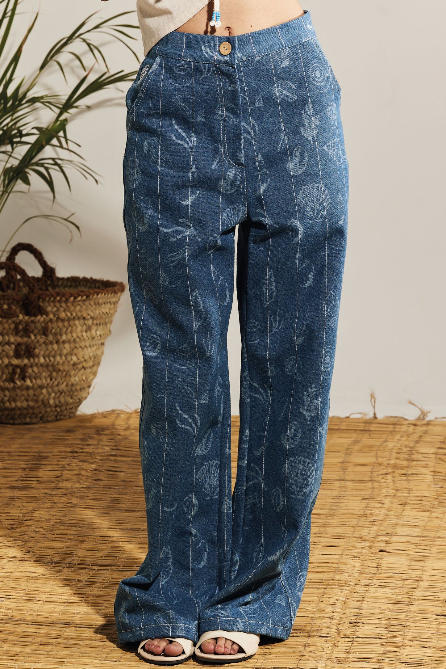 BLUE DENIM WIDE LEG PANTS - SHELLS PRINT