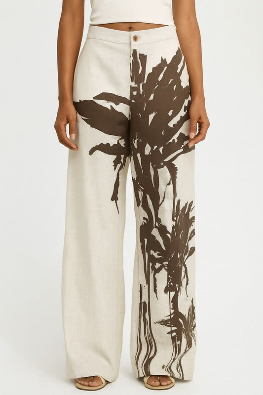 Beige Wide Leg Palm Pants