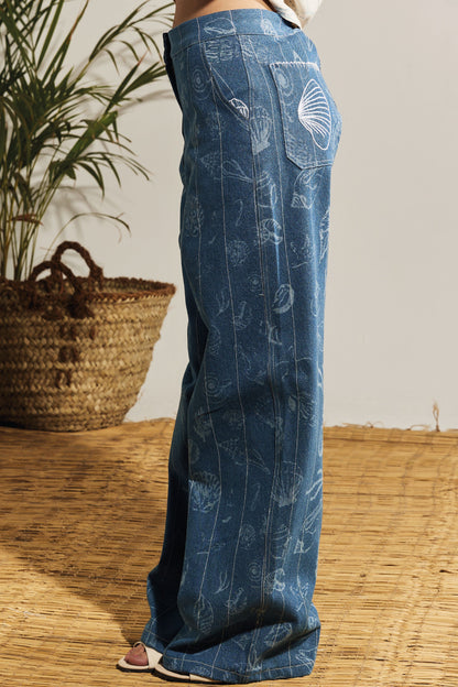 BLUE DENIM WIDE LEG PANTS - SHELLS PRINT