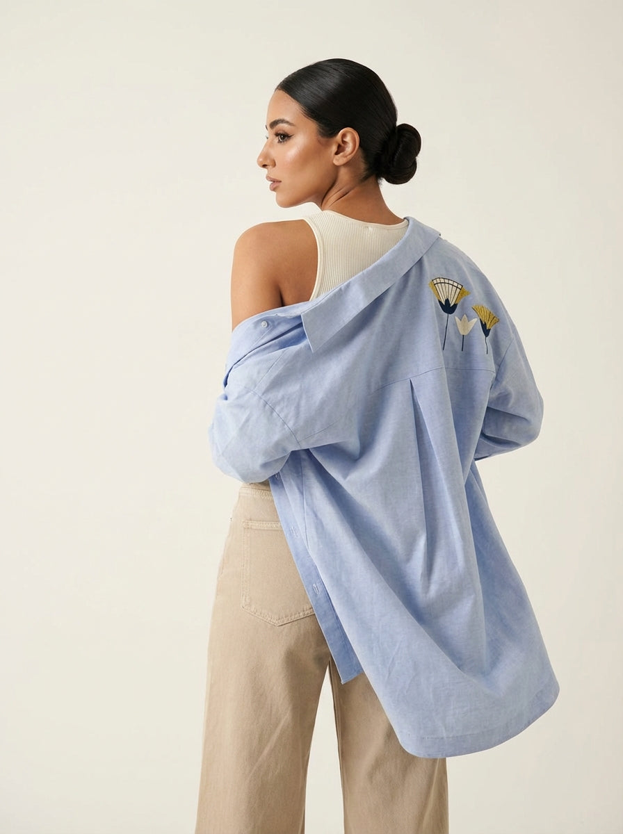 Blue Shirt Egret- Lotus Embroidery