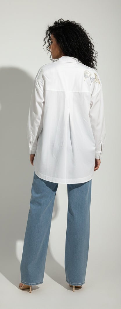 White Shirt Egret -Lotus Embroidery