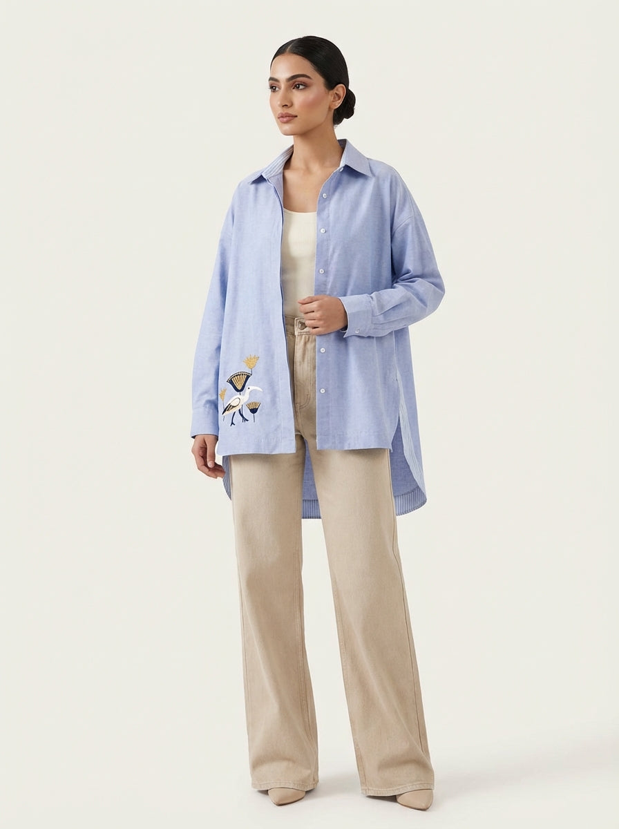 Blue Shirt Egret- Lotus Embroidery