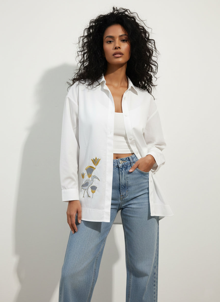 White Shirt Egret -Lotus Embroidery