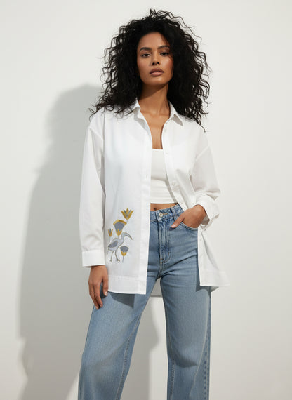 White Shirt Egret -Lotus Embroidery